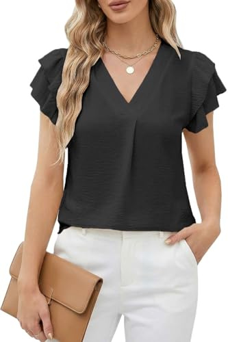 Teesho Damblus kortärmad elegant skjortblus sommartoppar volanger ståkrage arbete tunika skjorta toppar volang ärmar skjortor