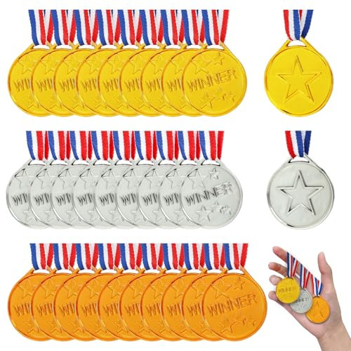 Medaille pour Enfant, 30 Pcs Médailles d'or Gagnant Médailles en Plastique avec Collier, Médaille d'or Médaille d'argent Médaille de Bronze avec Rubans de Cou pour pour Le Sport, Les Compétitions