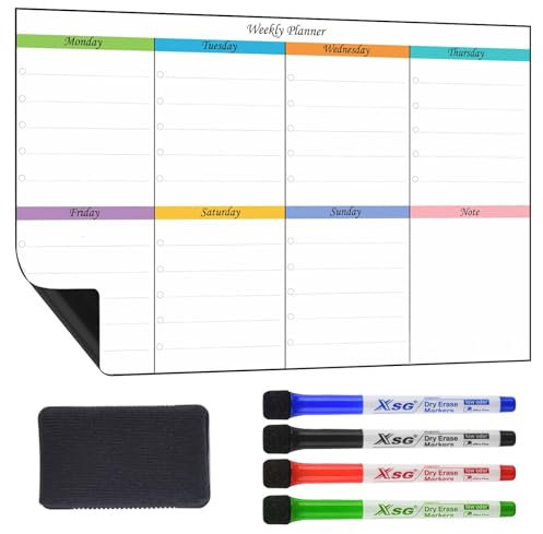 Weekly Planner Whiteboard - A3 Family Fridge Magnetic Whiteboard Self Adhesive with 4PCS Colorful Markers for Wall Fridge Monthly Weekly Daily Calendar Planner Meal Planner Board Wipeable-40 * 28cm