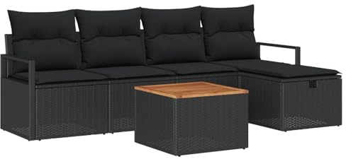 vidaXL 6-teiliges Garten-Sofa-Set mit Kissen in Schwarz aus Polyrattan für Garten, Balkon und Lounge-Bereich, Outdoor-System