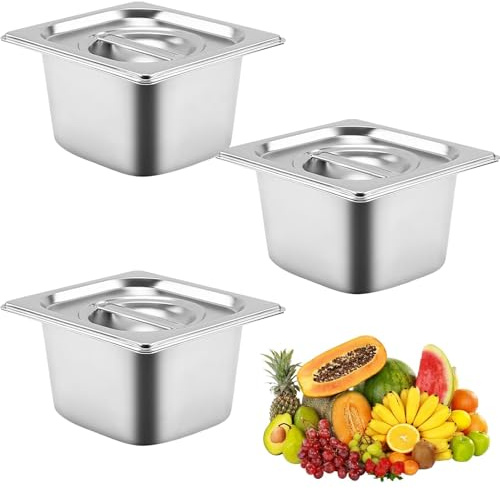 Bocguy Panierschalen Set 3-teilig, GN 1/6 Behälter, Panierstrasse, Gastronormbehälter Edelstahl mit Deckel, Geschirrspüler Gefrierschrank für Käse, Fleisch, Silber, 17,5 x 16,5 x 10 cm