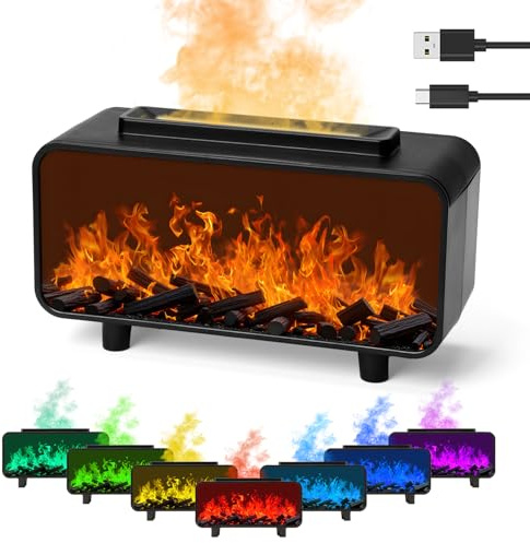 Diffuser Ätherische Öle Aroma Diffuser Duftöl Diffuser Luft Aroma Öle Duftlampe Elektrisch LED Kamin Feuer Effekt, 200ML Wassertank & 7 Farben LED, Raumduft Diffusor mit Abschaltautomatik