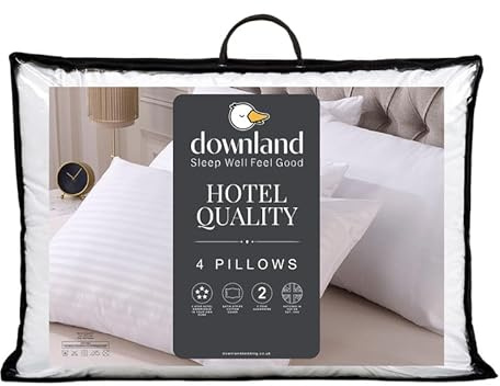 Downland Hotel Collection Pillows 4 Pack - Satin Stripe Hotel Quality Bed Pillows, Hollowfibre Filled, Soft & Supportive for Back & Side Sleepers, Hypoallergenic & Machine Washable (46x69cm)