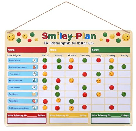 Belohnungstafel aus Metall, für Kinder, Smile-Plan, 30 x 40 cm, Magnetische Aufgabentafel mit beschreibbaren Magneten und vorgefertigten Hausaufgaben und Pflichten, Planer für Kinder