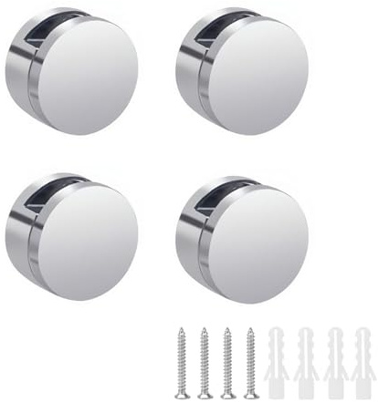 Onous Glas-Spiegelhalterungs-Set (4 Stück) – Runde Wandhalterungen für Spiegel und Glasplatten mit Schrauben, robuste Klemmen aus Zinklegierung für 5–6 mm dicke Spiegel und Acryl-Bildplatten