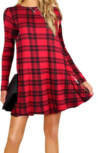 Womens Ladies Party Dresses for Women UK Long Sleeve Midi Plain Flared A line Skater Swing Dress Jersey Tee Plus Size Dress Summer Winter Red Tartan 16-18