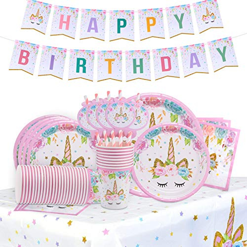FZR Legend Rainbow Unicorn Party Supplies Set – Sirve 24 – incluyendo unicornio feliz cumpleaños bandera, platos, tazas, servilletas, pajitas y manteles