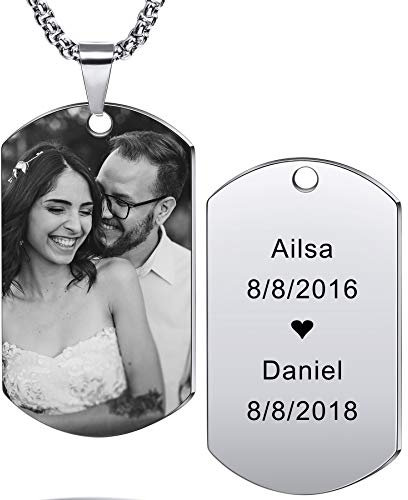 MeMeDIY Personnalisé Dog Tag Pendentif Collier Gravure Texte/Noir et Blanc Photo pour Homme Femme Mémorial en Acier Inoxydable Bijoux Bundle avec Chaîne Réglable, Porte-clés, Silencieux (Argent)