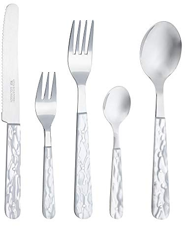RÖR Besteck Set 5-teilig Perlmutt-Imitation - je 1 Messer, Gabel, Löffel, Kuchengabel, Kaffeelöffel - rostfrei - Made in Germany/Solingen