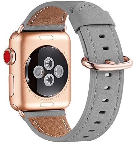 WFEAGL Kompatibel für Apple Watch Armband 44mm 45mm 49mm 46mm 42mm(Series 1 2 3),Lederband Ersatzband für Herren Damen Kompatibel iWatch Series 11/10/9/8/7/6/5/4/3/2/1,SE/SE2,Grau+Rosé Gold Adapter