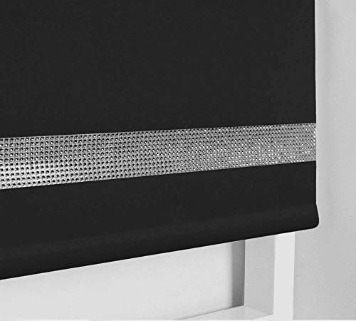 Feathers & Linen CHILD SAFE EASY FIT THERMAL BLACKOUT SOLAR DIAMANTE TRIM ROLLER BLIND 165 cm DROP (Black, 120 cm (48) Width)