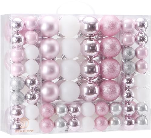 Sea Team 87 Pieces of Assorted Christmas Ball Ornaments Shatterproof Seasonal Decorative Hanging Baubles Set with Reusable Hand-held Gift Package for Holiday Xmas Tree Decorations, Pink