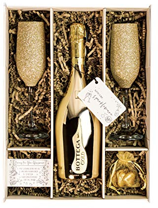 Bottega Gold Prosecco DOC 75cl Gift Set Hamper With Matching Sparkling Gold Champagne Flutes, Chocolates And Gift Box - Golden Wedding Gift - With Personalised Gift Message (Sparkling Tops)