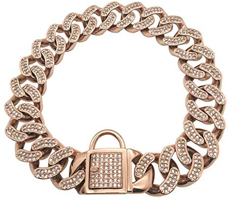 DUPFY 32MM Width Heavy Duty Cuban Rose Gold Dog Chain with Safety Lock,with CZ Diamond,Luxury Dog Collar Personalizedl for Medium Large Dogs American Pitbull German Shepherd 45cm