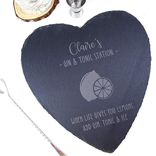 eBuyGB Personalised Slate Gin & Tonic Heart Chopping Board Gift, G & T Station, Serving Board, Laser Engraved Chopping Block, Cheeseboard