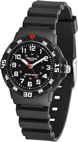 SOCICO Children Analog Watch Waterproof Time Teaching Boys Girls Watch Soft Band Learning Time Wristwatch for Kids (Black - Black face)
