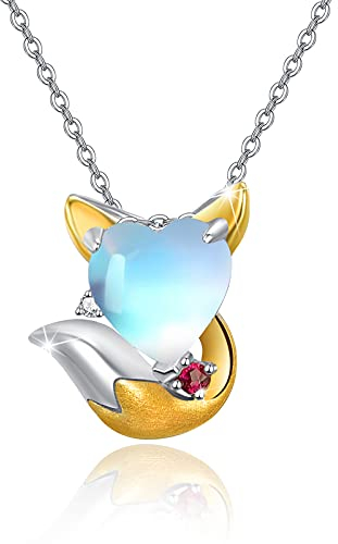 OHAYOO Mondstein Fuchs Kette Silber 925 Tier Fuchs Kette Mondstein Herz Anhänger Halskette Regenbogen Schmuck Geschenke Damen Mädchen Kinder