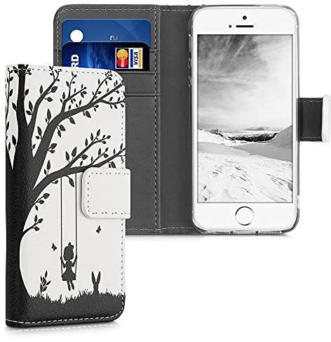 kwmobile Wallet Case Compatible with Apple iPhone SE (1.Gen 2016) / iPhone 5 / iPhone 5S Case for Phone - Girl Tree Swing Black/White
