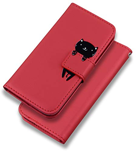 Bartern Handyhülle für iPhone 11 Pro,iPhone 11 Pro Hülle,Karikatur Katze PU Leder Klappbar Wallet Schutzhülle Tasche Klapphülle mit Magnetisch Kartenfach Standfunktion,Rot