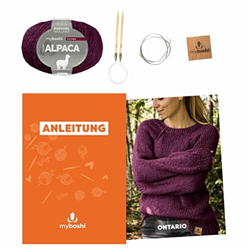 myboshi Strickset Raglanpullover Ontario, Strickset für Anfänger, inkl. Alpaca Wolle, Nadel und Anleitung, Label, Strickpaket, 10% Alpaka, 25% Schurwolle Lila mit Rundstricknadel