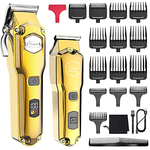Hatteker Hair Clipper & Trimmer Set for Men IPX7 Waterproof Cordless Barber Clipper for Hair Cutting Kit with T-Blade Trimmer Beard Trimmer Kids Clipper Professional USB Rechargeable (Gold)
