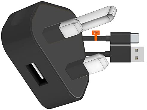 IWIO 3 Pin UK 1A 12W Plug and 3M Extra Long Durable Nylon Braided USB C/Type C Cable compatible with Kindle Paperwhite 6.8 11th Generation 2021 (Black)