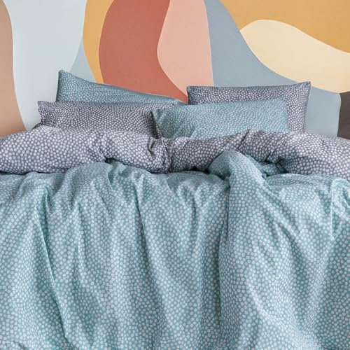 LERUUM Luxury Cotton Bedding King Size Duvet Cover Set Autumn Winter Blue Grey Polka Dot Reversible Percale Quilt Cover Set with Pillowcases (200 TC)
