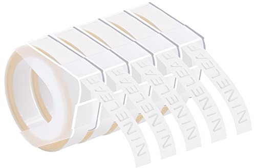 NineLeaf 5 x Kompatibel für Dymo S0898100 520101 3D Kunststoff Prägebändern 9mm x 3m Weiß auf Transparent Etikettenband für Organizer Xpress Pro 12966 Office-Mate II Caption Maker Beschriftungsgerät