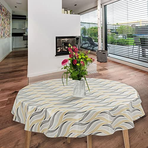 laro Wachstuch-Tischdecke Abwaschbar Garten-Tischdecke Wachstischdecke PVC Plastik-Tischdecken Eckig Meterware Wasserabweisend Abwischbar GAC, Muster:Wellen Grau Beige, Größe:140cm Rund