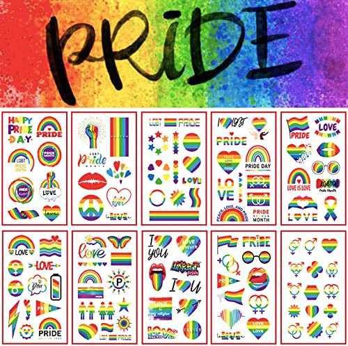 10 Sheets LGBT Pride Rainbow Tattoo Stickers Accessories, 100+ Patterns Mixed Rainbow Style Temporary Fake Waterproof Face Body Tattoo Stickers for Gay Lovers Pride Day Celebration Party Decoration