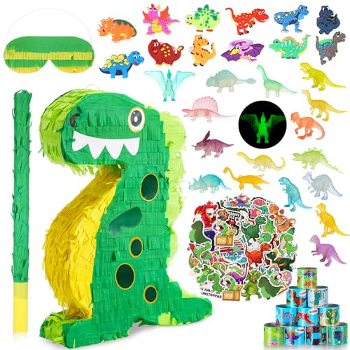 Hanaive 141 Pcs Dinosaur Piñata for Birthday Party, Dino Piñata Set with Blindfold and Baton, 16 x 12 x 3 Inch, Kids Dinosaur Themed Party Favors for Boys and Girls(Lovely Style)