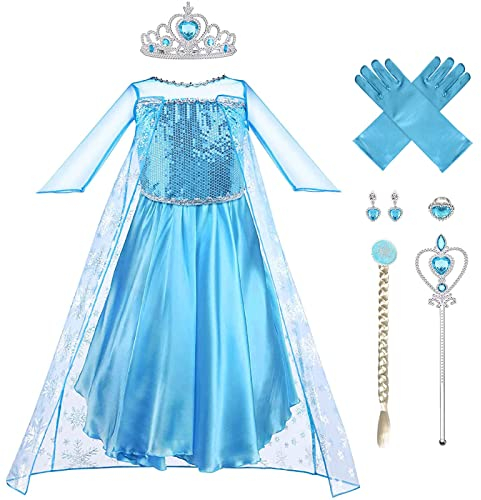 Vicloon Robe Princesse Elsa,5pcs Robe de Princesse Reine des Neiges pour Cosplay Mariage Carnaval Fête d'anniversaire - avec Accessoires de Baguette Magique Princesse Couronne(130)