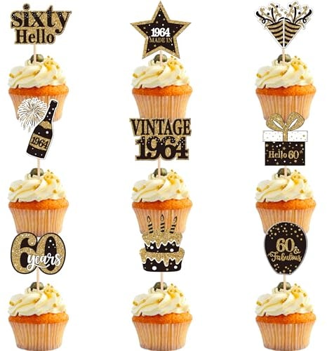 SYKYCTCY 36 Pack Happy 60th Birthday Cupcake Toppers Vintage 1965 Cheers to 60th Cupcake Picks Hello Sixty Birthday Cupcake Decorations for 60th Birthday Wedding Anniversary Party Supplies