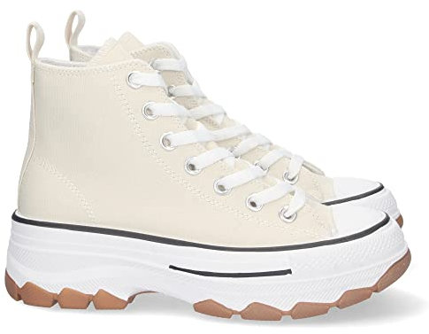 shoes&blues.es 72960-Zapatilla Abotinada de Plataforma para Mujer, Comoda, Estilo Bamba, Material de Lona, y Cierre de Cordones. Talla 38 Beige