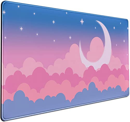 Schreibtischunterlage Mit Niedlichen Wolken, Kawaii-Design, Gaming-Mauspad XXL, Blauer Himmel, Rosa/Violett, Tastatur-Unterlage, Computer-Matte für Schreibtisch
