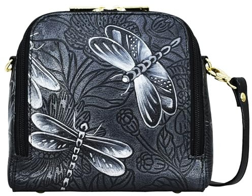 Anuschka Handtasche, Organiser Tasche aus handbemaltem Leder mit Reißverschluss und Punzierung - Tooled Dragonfly Meadow