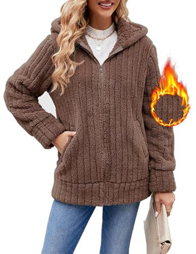 Yeenily Polaire À Capuche pour Femme Épais Manteau Cardigan Zippée Garder Blouson avce Poche Rayures Solides Cardigan Fausse Fourrure Hooded Coat Automne Hiver Mode Outerwear(Kaki,XL)