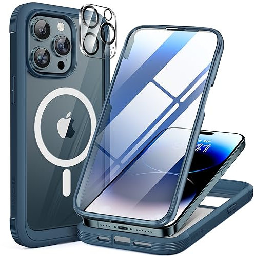 Miracase Magnetic Case for iPhone 15 Pro Max Case 6.7-Inch, Full Body Bumper Case Compatible with MagSafe and Built-in 9H Tempered Glass Screen Protector + Camera Lens Protector (Storm Blue)