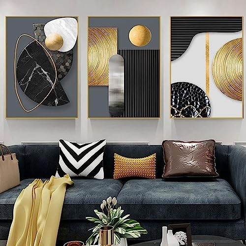 FSLEOVN 3 Stück Leinwand Poster Abstrakte Geometrische Bild Modern Schwarz Weiß Gold Marmor Wandbilder Kunstdruck Poster Schwarz Gold Line Bilder Rahmenlos (50x70cm)