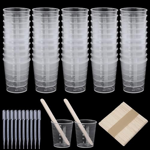 SHSHbuy 150 PCS Verre Doseur Plastique Set,30ml Tasses à Mesurer en Plastique,Gobelets de Mélange avec Compte Gouttes en Plastique,Bâtons en Bois pour Art,Artisanat,Moulage,Peinture
