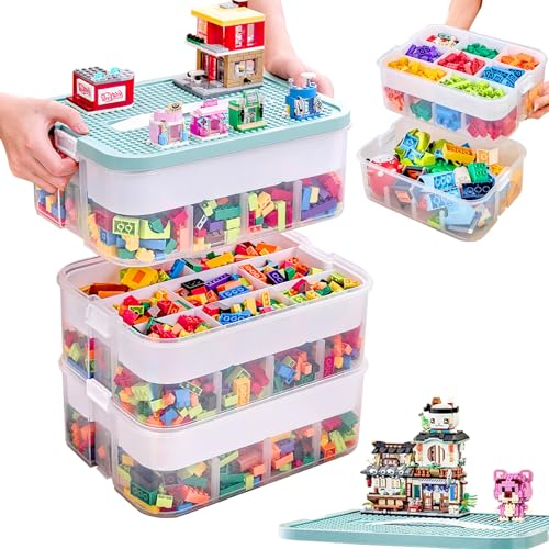 Aolawco Aufbewahrungsboxen für Lego Duplo Bausteine, 3 Etagen Transparente Spielzeugkiste Aufbewahrung mit Bauplatte für Lego, Verstellbaren Fächer Organizer Box Sortiersystem