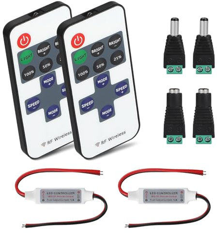 CPROSP 2er Set LED Streifen Controller DC 5V-24V 12A mit Kabel und 2 Stecker, LED Band Dimmer Regler Steuerung RF Fernbedienung 11 Tasten Monochrom für 2 polig SMD 5050 3528 2835 5630 LED Band