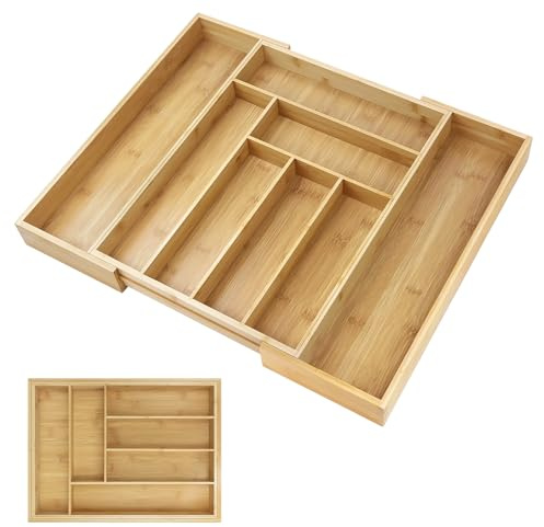 Bowose Bambus Besteckkasten fur Schubladen, für Küchenutensilien, Besteck Tablett Schublade einfügen, Schreibwaren, Werkzeuge, verstellbare Länge 32 bis 52cm, mit 6-8 Fächer große Kapazität