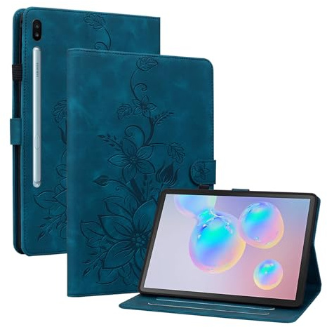 LMFULM® Hülle für Samsung Galaxy Tab S6 SM-T860 / T865 (10,5 Zoll) PU Lederhülle Tasche Case mit Ständer Schutzhülle Flip Cover Lotus Drucken Blau