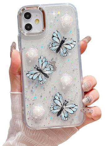 ZTUOK Case for iPhone 11 for Women Girls,Cute 3D Butterfly Floral Design Sparkle Glitter Bling Soft TPU Cover Shockproof Protective Phone Case for iPhone 11-Blue