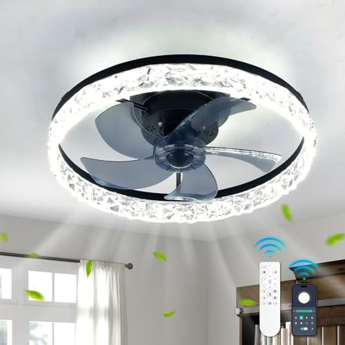 diisunbihuo 20 Modern LED Ceiling Fan with Lights Dimmable Acrylic Dimmable Low Profile Ceiling Fan Flush Mount Bladeless Chandelier Fan Stepless Color Temperature Change and 6 Speeds (Black)