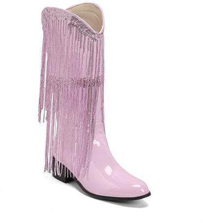 HIKKWXVN Stivali da Donna in Pelle Verniciata a metà Polpaccio, Stivali da Cowboy Western con Punta a Punta e Design a Nappe, Stivali da Motociclista, Stivali da Equitazione,Rosa,41 EU