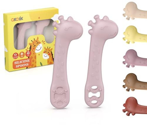 akolik Cuillère Bébé Apprentissage, Cuillère Silicone Souple, Cuillères de Sevrage, Couverts bébé Design Girafe, Cuillère de Nourrissage et Anneau de Dentition 2 en 1, Adapté aux Bébés dès 4 6+ Mois