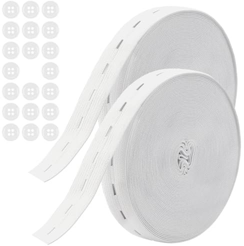 Maxmoc 14M Gummiband Nähen, 2 RollenGummiband mit Knopfösen, 20mm Gummiband mit 20 Knöpfe, Gummiband mit Knopfloch für Taschen, Culottes (weiß)