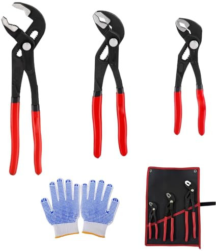 3-Piece Groove Joint Pliers Set (7”, 10”, 12”), Quick-Adjustable Water Pump Forceps with Non-Slip Gloves, Cr-V V-Jaw Tongue and Groove Pliers for Home Repair & Plumbing